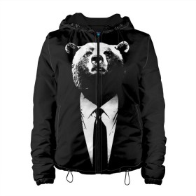 Женская куртка 3D с принтом Медведь бизнесмен в Кировске, ткань верха — 100% полиэстер, подклад — флис | прямой крой, подол и капюшон оформлены резинкой с фиксаторами, два кармана без застежек по бокам, один большой потайной карман на груди. Карман на груди застегивается на липучку | animal | bear | beast | business | suit | бизнес | джентльмен | животное | зверь | медведь | смокинг