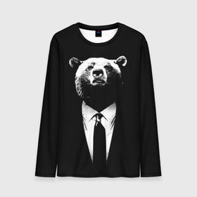Мужской лонгслив 3D с принтом Медведь бизнесмен в Кировске, 100% полиэстер | длинные рукава, круглый вырез горловины, полуприлегающий силуэт | animal | bear | beast | business | suit | бизнес | джентльмен | животное | зверь | медведь | смокинг