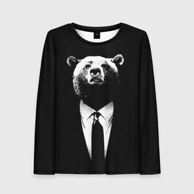 Женский лонгслив 3D с принтом Медведь бизнесмен в Кировске, 100% полиэстер | длинные рукава, круглый вырез горловины, полуприлегающий силуэт | animal | bear | beast | business | suit | бизнес | джентльмен | животное | зверь | медведь | смокинг
