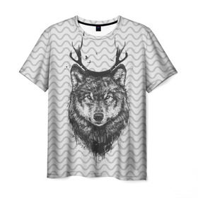 Мужская футболка 3D с принтом Рогатый волк в Кировске, 100% полиэфир | прямой крой, круглый вырез горловины, длина до линии бедер | Тематика изображения на принте: animal | beast | deer | moon | rage | roar | wild | wolf | вой | волк | животное | зверь | луна | олень | рога
