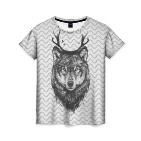 Женская футболка 3D с принтом Рогатый волк в Кировске, 100% полиэфир ( синтетическое хлопкоподобное полотно) | прямой крой, круглый вырез горловины, длина до линии бедер | animal | beast | deer | moon | rage | roar | wild | wolf | вой | волк | животное | зверь | луна | олень | рога