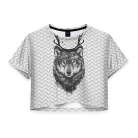 Женская футболка 3D укороченная с принтом Рогатый волк в Кировске, 100% полиэстер | круглая горловина, длина футболки до линии талии, рукава с отворотами | animal | beast | deer | moon | rage | roar | wild | wolf | вой | волк | животное | зверь | луна | олень | рога