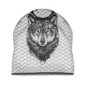 Шапка 3D с принтом Рогатый волк в Кировске, 100% полиэстер | универсальный размер, печать по всей поверхности изделия | animal | beast | deer | moon | rage | roar | wild | wolf | вой | волк | животное | зверь | луна | олень | рога