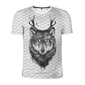 Мужская футболка 3D спортивная с принтом Рогатый волк в Кировске, 100% полиэстер с улучшенными характеристиками | приталенный силуэт, круглая горловина, широкие плечи, сужается к линии бедра | Тематика изображения на принте: animal | beast | deer | moon | rage | roar | wild | wolf | вой | волк | животное | зверь | луна | олень | рога