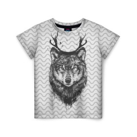 Детская футболка 3D с принтом Рогатый волк в Кировске, 100% гипоаллергенный полиэфир | прямой крой, круглый вырез горловины, длина до линии бедер, чуть спущенное плечо, ткань немного тянется | animal | beast | deer | moon | rage | roar | wild | wolf | вой | волк | животное | зверь | луна | олень | рога