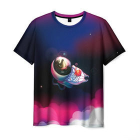 Мужская футболка 3D с принтом Ёжик в космосе в Кировске, 100% полиэфир | прямой крой, круглый вырез горловины, длина до линии бедер | в тумане | еж