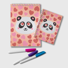 Блокнот с принтом Влюбленная панда в Кировске, 100% бумага | 48 листов, плотность листов — 60 г/м2, плотность картонной обложки — 250 г/м2. Листы скреплены удобной пружинной спиралью. Цвет линий — светло-серый
 | Тематика изображения на принте: любовь | панда | сердце