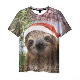 Мужская футболка 3D с принтом Рождественский ленивец в Кировске, 100% полиэфир | прямой крой, круглый вырез горловины, длина до линии бедер | джунгли | животное | ленивый | лень | новый год | рождество | снег | снежинки | тропики | улыбка | шапка