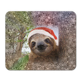 Коврик прямоугольный с принтом Рождественский ленивец в Кировске, натуральный каучук | размер 230 х 185 мм; запечатка лицевой стороны | Тематика изображения на принте: джунгли | животное | ленивый | лень | новый год | рождество | снег | снежинки | тропики | улыбка | шапка