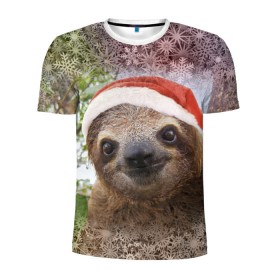 Мужская футболка 3D спортивная с принтом Рождественский ленивец в Кировске, 100% полиэстер с улучшенными характеристиками | приталенный силуэт, круглая горловина, широкие плечи, сужается к линии бедра | джунгли | животное | ленивый | лень | новый год | рождество | снег | снежинки | тропики | улыбка | шапка