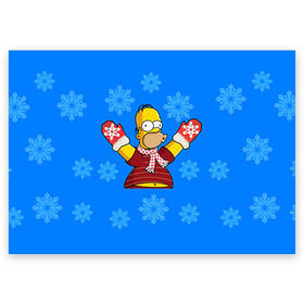 Поздравительная открытка с принтом Симпсоны новогодние 2 в Кировске, 100% бумага | плотность бумаги 280 г/м2, матовая, на обратной стороне линовка и место для марки
 | Тематика изображения на принте: simpsons | барт | барт симпсон | гомер | гомер симпсон | новый год | симпсоны | снег | снежинки