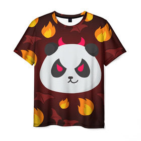 Мужская футболка 3D с принтом Панда дьяволенок в Кировске, 100% полиэфир | прямой крой, круглый вырез горловины, длина до линии бедер | Тематика изображения на принте: дьяволенок | красный | крылья | огонь | панда | рога