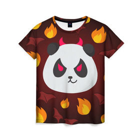 Женская футболка 3D с принтом Панда дьяволенок в Кировске, 100% полиэфир ( синтетическое хлопкоподобное полотно) | прямой крой, круглый вырез горловины, длина до линии бедер | дьяволенок | красный | крылья | огонь | панда | рога