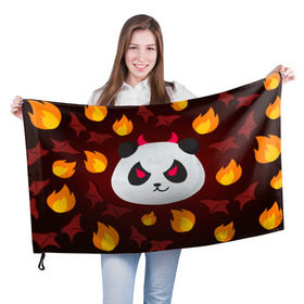 Флаг 3D с принтом Панда дьяволенок в Кировске, 100% полиэстер | плотность ткани — 95 г/м2, размер — 67 х 109 см. Принт наносится с одной стороны | дьяволенок | красный | крылья | огонь | панда | рога