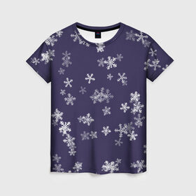 Женская футболка 3D с принтом Снежная феерия (синий) в Кировске, 100% полиэфир ( синтетическое хлопкоподобное полотно) | прямой крой, круглый вырез горловины, длина до линии бедер | happy new year | блеск | ёлка | зима | конфетти | новый год | подарки | праздник | снег | снежинки