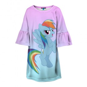 Детское платье 3D с принтом Rainbowdash в Кировске, 100% полиэстер | прямой силуэт, чуть расширенный к низу. Круглая горловина, на рукавах — воланы | Тематика изображения на принте: mlp | pony | rainbowdash | raindbow dash | пони