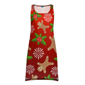 Платье-майка 3D с принтом Новогодний узор в Кировске, 100% полиэстер | полуприлегающий силуэт, широкие бретели, круглый вырез горловины, удлиненный подол сзади. | новогодний узор | новый год | омела | пряничный человечек | снежинка | узор