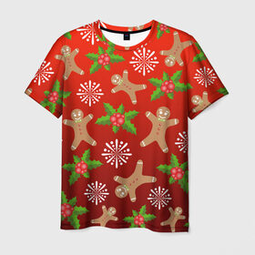 Мужская футболка 3D с принтом Новогодний узор в Кировске, 100% полиэфир | прямой крой, круглый вырез горловины, длина до линии бедер | новогодний узор | новый год | омела | пряничный человечек | снежинка | узор
