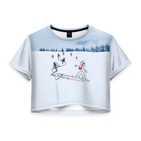 Женская футболка 3D укороченная с принтом Шерегеш в Кировске, 100% полиэстер | круглая горловина, длина футболки до линии талии, рукава с отворотами | gesh | геш | лыжи | лыжник | сноуборд | шерегеш | шершавель