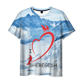 Мужская футболка 3D с принтом Love Sheregesh в Кировске, 100% полиэфир | прямой крой, круглый вырез горловины, длина до линии бедер | Тематика изображения на принте: gesh | геш | лыжи | лыжник | сноуборд | шерегеш | шершавель