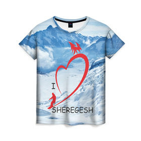 Женская футболка 3D с принтом Love Sheregesh в Кировске, 100% полиэфир ( синтетическое хлопкоподобное полотно) | прямой крой, круглый вырез горловины, длина до линии бедер | gesh | геш | лыжи | лыжник | сноуборд | шерегеш | шершавель