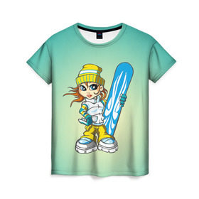 Женская футболка 3D с принтом Snowboard girl 1 в Кировске, 100% полиэфир ( синтетическое хлопкоподобное полотно) | прямой крой, круглый вырез горловины, длина до линии бедер | extreme | girl | snowboard | девушка | сноуборд | экстрим
