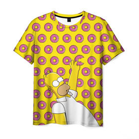 Мужская футболка 3D с принтом Пончики Гомера Симпсона в Кировске, 100% полиэфир | прямой крой, круглый вырез горловины, длина до линии бедер | donut | homer | simpson | гомер | еда | плюшка | пончик | симпсон