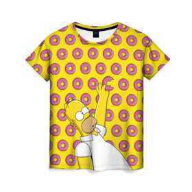 Женская футболка 3D с принтом Пончики Гомера Симпсона в Кировске, 100% полиэфир ( синтетическое хлопкоподобное полотно) | прямой крой, круглый вырез горловины, длина до линии бедер | donut | homer | simpson | гомер | еда | плюшка | пончик | симпсон