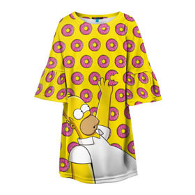 Детское платье 3D с принтом Пончики Гомера Симпсона в Кировске, 100% полиэстер | прямой силуэт, чуть расширенный к низу. Круглая горловина, на рукавах — воланы | Тематика изображения на принте: donut | homer | simpson | гомер | еда | плюшка | пончик | симпсон