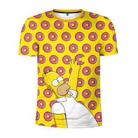 Мужская футболка 3D спортивная с принтом Пончики Гомера Симпсона в Кировске, 100% полиэстер с улучшенными характеристиками | приталенный силуэт, круглая горловина, широкие плечи, сужается к линии бедра | Тематика изображения на принте: donut | homer | simpson | гомер | еда | плюшка | пончик | симпсон