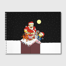 Альбом для рисования с принтом Симпсон - Санта Клаус в Кировске, 100% бумага
 | матовая бумага, плотность 200 мг. | bart | christmas | happy new year | homer simpson | the simpsons | барт | гомер | дед мороз | луна | новый год | олень | подарки | санта | снег | собака | сосульки