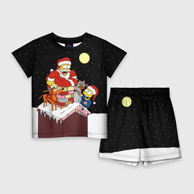 Детский костюм с шортами 3D с принтом Симпсон   Санта Клаус в Кировске,  |  | Тематика изображения на принте: bart | christmas | happy new year | homer simpson | the simpsons | барт | гомер | дед мороз | луна | новый год | олень | подарки | санта | снег | собака | сосульки