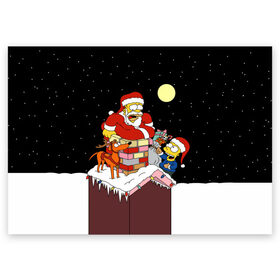 Поздравительная открытка с принтом Симпсон - Санта Клаус в Кировске, 100% бумага | плотность бумаги 280 г/м2, матовая, на обратной стороне линовка и место для марки
 | bart | christmas | happy new year | homer simpson | the simpsons | барт | гомер | дед мороз | луна | новый год | олень | подарки | санта | снег | собака | сосульки