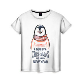Женская футболка 3D с принтом Happy New Year в Кировске, 100% полиэфир ( синтетическое хлопкоподобное полотно) | прямой крой, круглый вырез горловины, длина до линии бедер | 2017 | happy new year | holiday | marry christmas | winter | зима | новый год | пингвин | рождество
