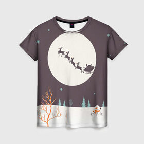 Женская футболка 3D с принтом Олени Санты в Кировске, 100% полиэфир ( синтетическое хлопкоподобное полотно) | прямой крой, круглый вырез горловины, длина до линии бедер | christmas | new year | winter | дед мороз | зима | новый год | рождество
