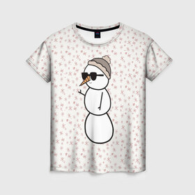 Женская футболка 3D с принтом Крутой снеговик 2 в Кировске, 100% полиэфир ( синтетическое хлопкоподобное полотно) | прямой крой, круглый вырез горловины, длина до линии бедер | зима | новогодний | очки | паттерн | рождество | снежинки