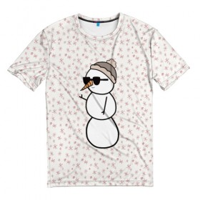 Мужская футболка 3D с принтом Крутой снеговик 2 в Кировске, 100% полиэфир | прямой крой, круглый вырез горловины, длина до линии бедер | Тематика изображения на принте: зима | новогодний | очки | паттерн | рождество | снежинки