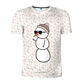 Мужская футболка 3D спортивная с принтом Крутой снеговик 2 в Кировске, 100% полиэстер с улучшенными характеристиками | приталенный силуэт, круглая горловина, широкие плечи, сужается к линии бедра | Тематика изображения на принте: зима | новогодний | очки | паттерн | рождество | снежинки