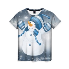 Женская футболка 3D с принтом С Новым годом! в Кировске, 100% полиэфир ( синтетическое хлопкоподобное полотно) | прямой крой, круглый вырез горловины, длина до линии бедер | рождество | снеговик | снежинки