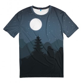 Мужская футболка 3D с принтом Ночная пагода в Кировске, 100% полиэфир | прямой крой, круглый вырез горловины, длина до линии бедер | восточный | горы | луна | пейзаж