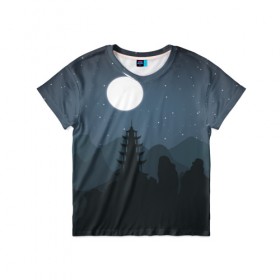 Детская футболка 3D с принтом Ночная пагода в Кировске, 100% гипоаллергенный полиэфир | прямой крой, круглый вырез горловины, длина до линии бедер, чуть спущенное плечо, ткань немного тянется | восточный | горы | луна | пейзаж