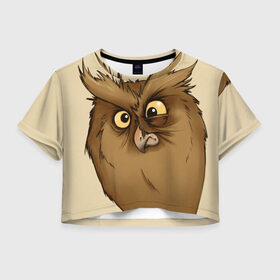 Женская футболка 3D укороченная с принтом Грустная сова в Кировске, 100% полиэстер | круглая горловина, длина футболки до линии талии, рукава с отворотами | глаза | клюв | пернатые | перья | прикольные картинки | птица | сова