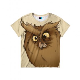 Детская футболка 3D с принтом Грустная сова в Кировске, 100% гипоаллергенный полиэфир | прямой крой, круглый вырез горловины, длина до линии бедер, чуть спущенное плечо, ткань немного тянется | глаза | клюв | пернатые | перья | прикольные картинки | птица | сова