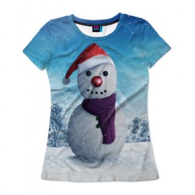 Женская футболка 3D с принтом Снеговик в Кировске, 100% полиэфир ( синтетическое хлопкоподобное полотно) | прямой крой, круглый вырез горловины, длина до линии бедер | happy new year | блеск | ёлка | зима | игрушки. праздник | конфетти | новый год | подарки | снег