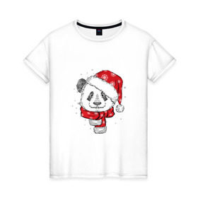 Женская футболка хлопок с принтом Панда-санта в Кировске, 100% хлопок | прямой крой, круглый вырез горловины, длина до линии бедер, слегка спущенное плечо | christmas | new year | winter | зима | новый год | рождество
