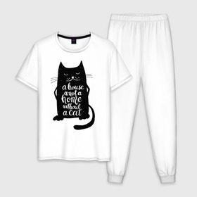 Мужская пижама хлопок с принтом Черный кот в Кировске, 100% хлопок | брюки и футболка прямого кроя, без карманов, на брюках мягкая резинка на поясе и по низу штанин
 | кот | котенок | кошка | мяу