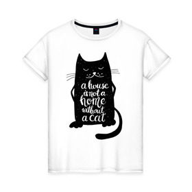 Женская футболка хлопок с принтом Черный кот в Кировске, 100% хлопок | прямой крой, круглый вырез горловины, длина до линии бедер, слегка спущенное плечо | кот | котенок | кошка | мяу