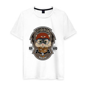 Мужская футболка хлопок с принтом Кот-гонщик в Кировске, 100% хлопок | прямой крой, круглый вырез горловины, длина до линии бедер, слегка спущенное плечо. | гонки | кот | котенок | кошка | мотоцикл | мяу | шлем