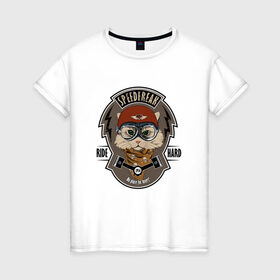 Женская футболка хлопок с принтом Кот-гонщик в Кировске, 100% хлопок | прямой крой, круглый вырез горловины, длина до линии бедер, слегка спущенное плечо | гонки | кот | котенок | кошка | мотоцикл | мяу | шлем