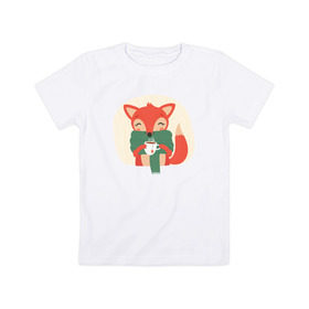 Детская футболка хлопок с принтом Лисица с чаем в Кировске, 100% хлопок | круглый вырез горловины, полуприлегающий силуэт, длина до линии бедер | лиса | лисенок | лисица | лисичка